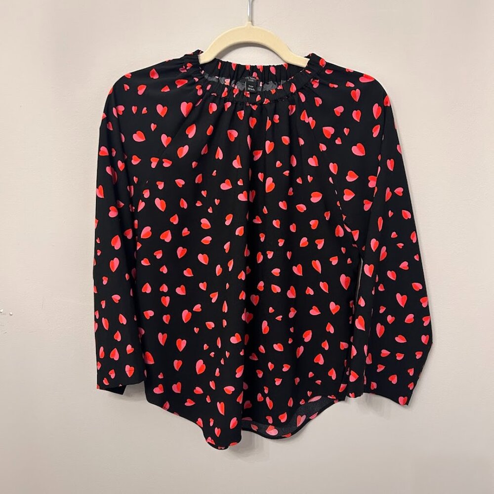 Ann Taylor Heart Novelty Print Blouse Long Sleeves - Size XXSP Black